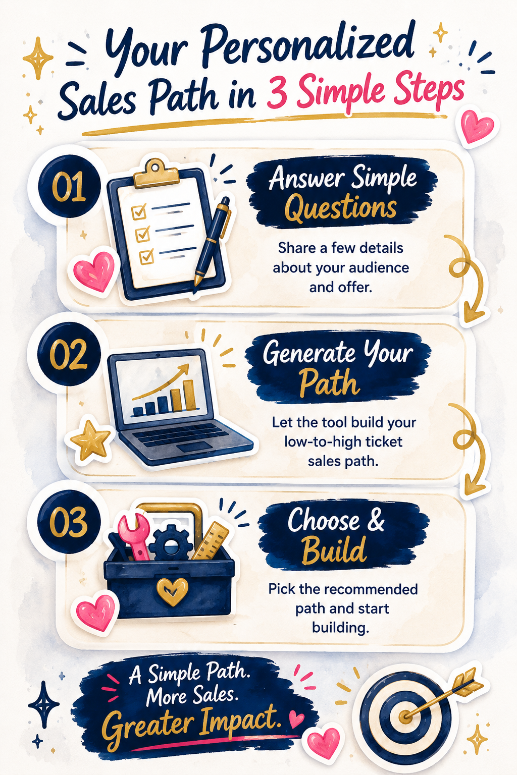 Your personalized sales path in 3 simple steps: answer simple questions, generate your path, choose and build.